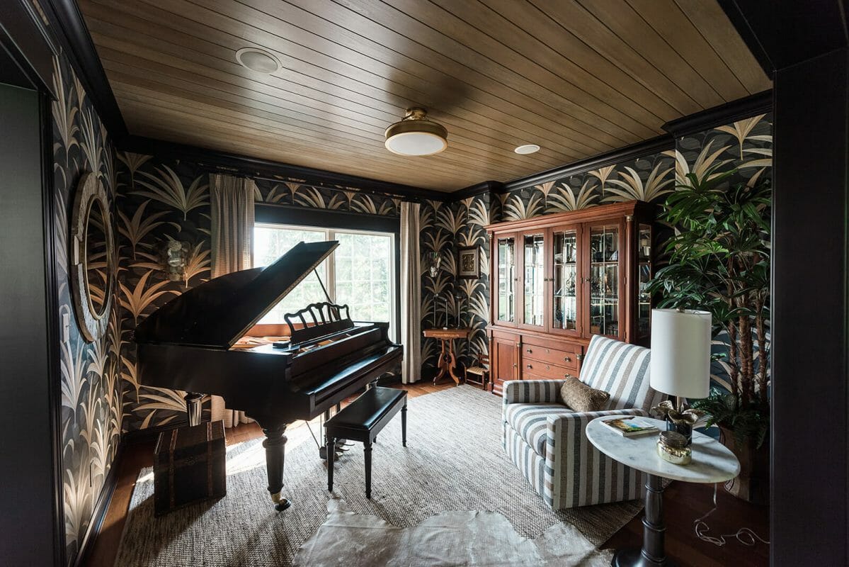 Eclectic entertainment room decor by one of the top Indianapolis interior designers, Wendy Langston