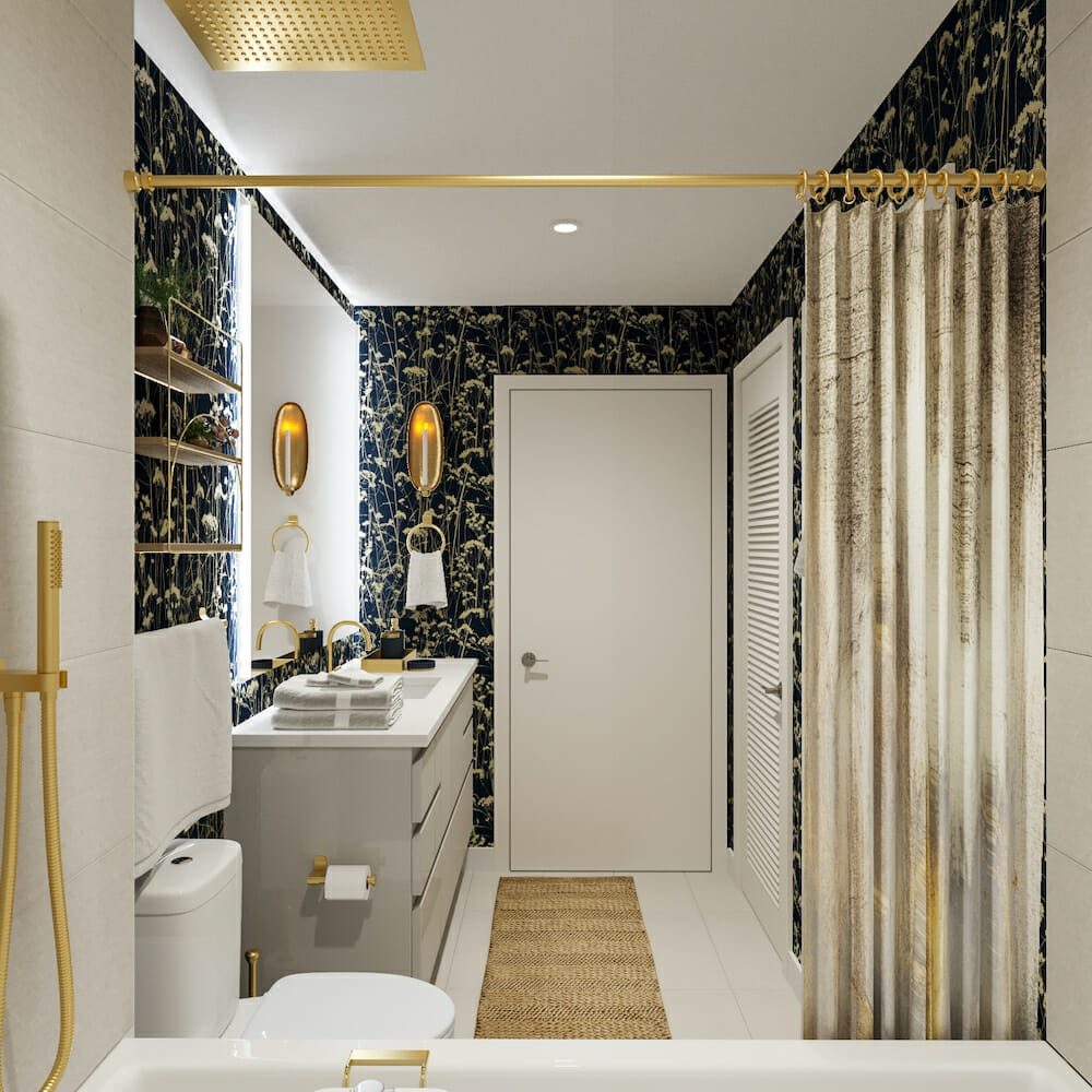 Floral wallpaper bathroom design with gold finishes