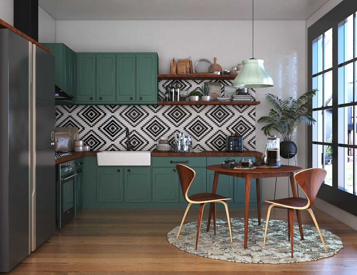 Green kitchen cabinets in a mid century eclectic interior - Shofy D