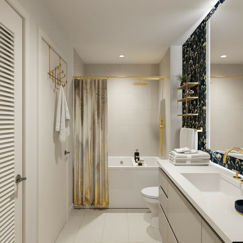 Modern glamorous wallpaper bathroom design by Decorilla