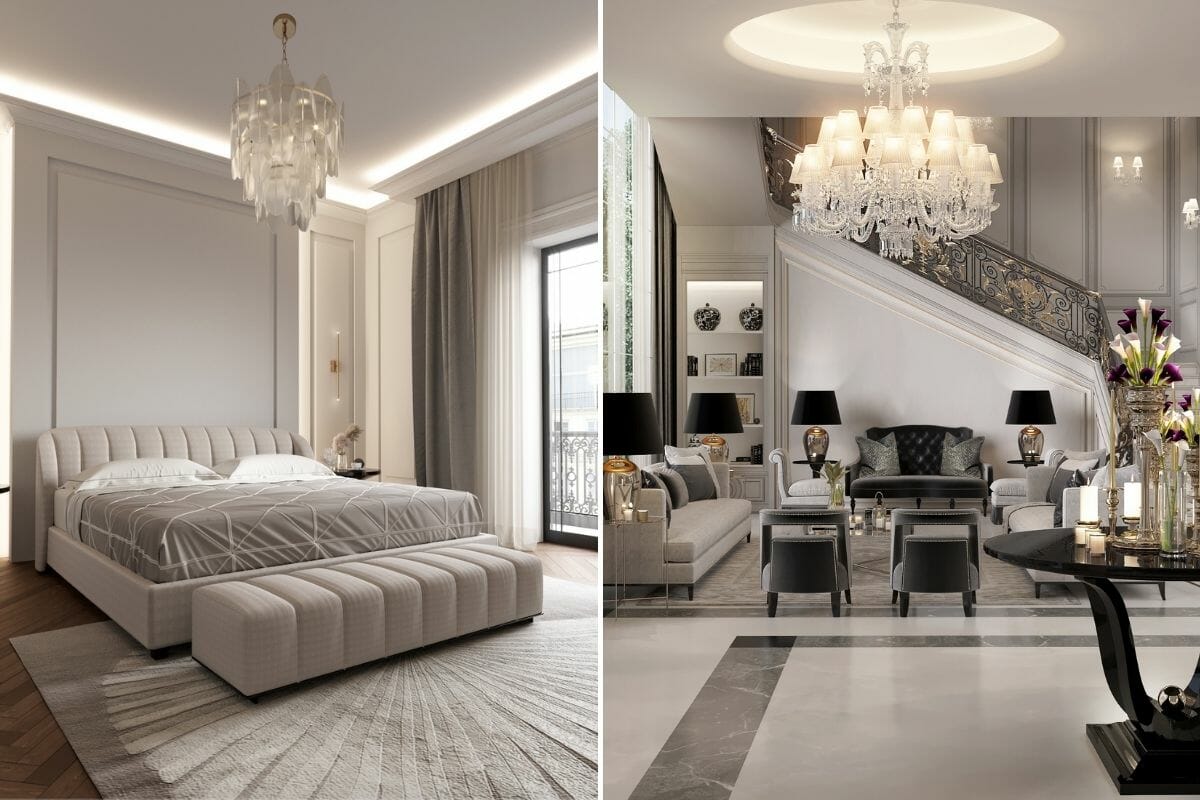 Moody bedroom and glam great room by online interior designer Nathalie Issa