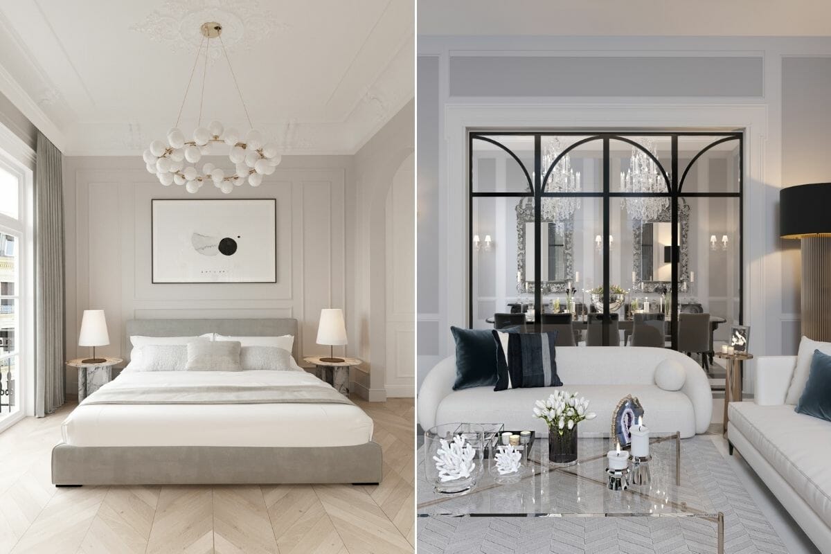 Neoclassical bedroom and open concept by online interior decorator Nathalie Issa