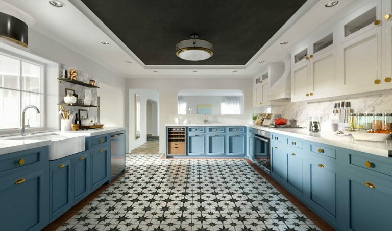 Spanish Influenced Blue Kitchen Cabinets 768x452 