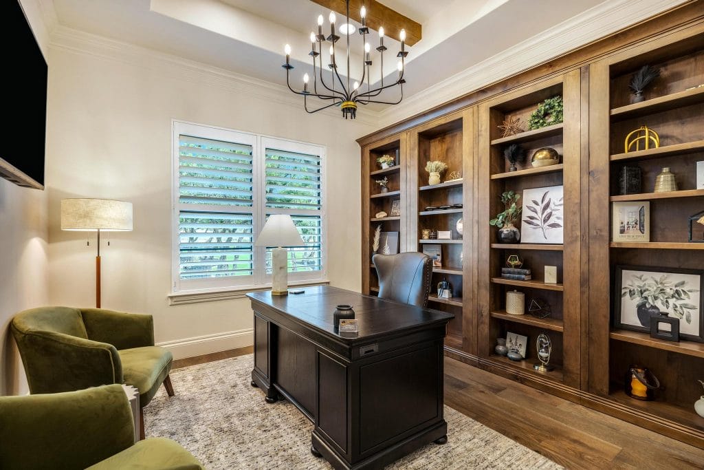 Task lighting in a home office interior by Decorilla designer, Erica G.