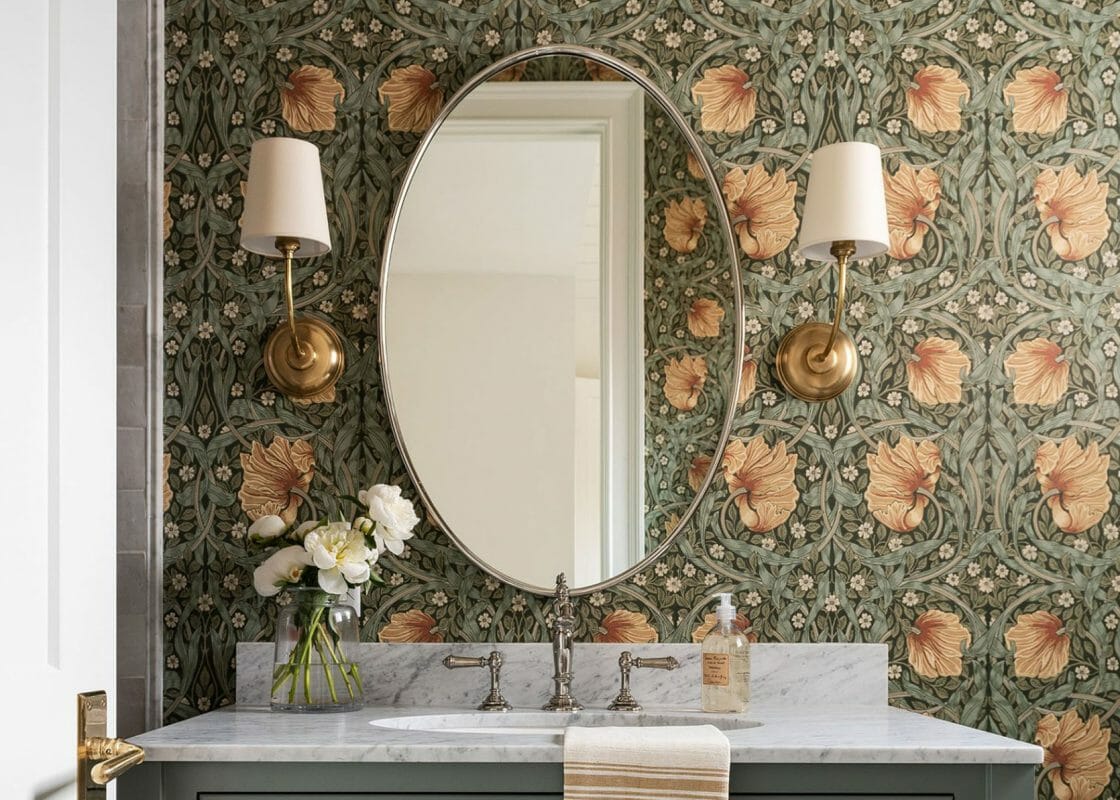 Vintage floral wallpaper bathroom design