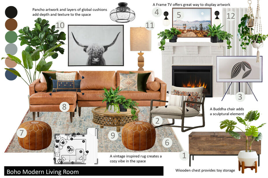 Boho style living room mood board