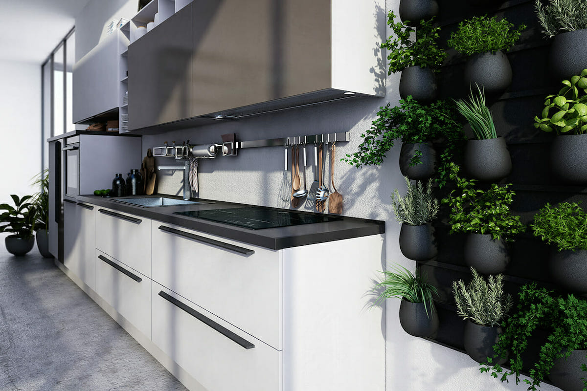 Creative kitchen storage on the backsplash by Decorilla interior designer Cristian G.