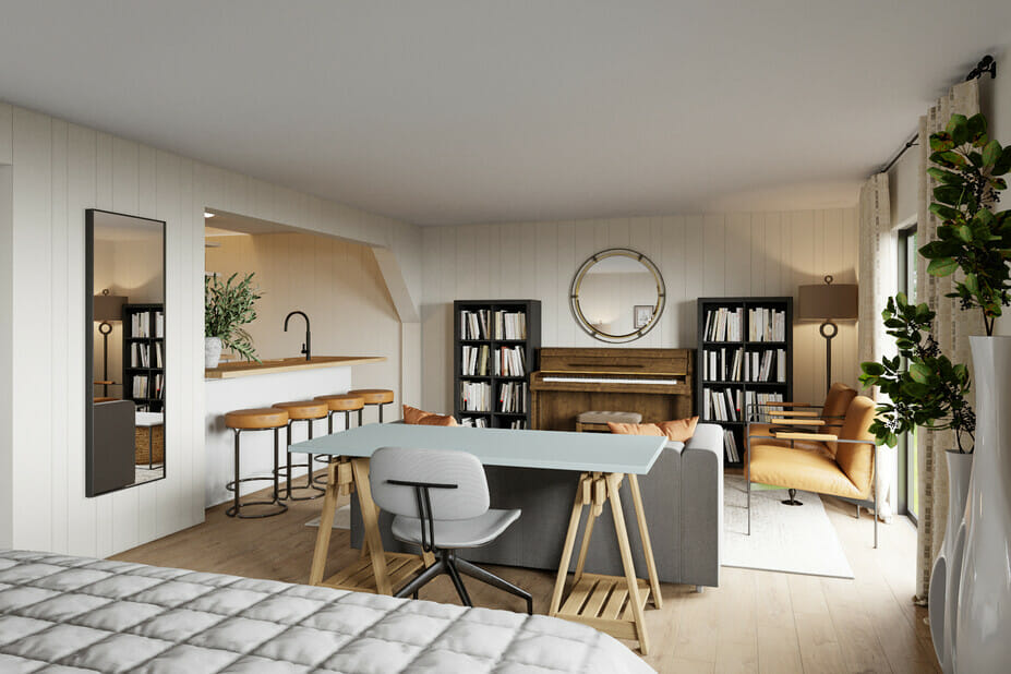 Modern living area in basement studio apartment design