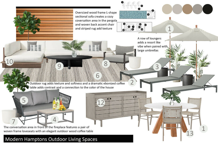 Modern pergola design moodboard by Decorilla designer, Drew F.