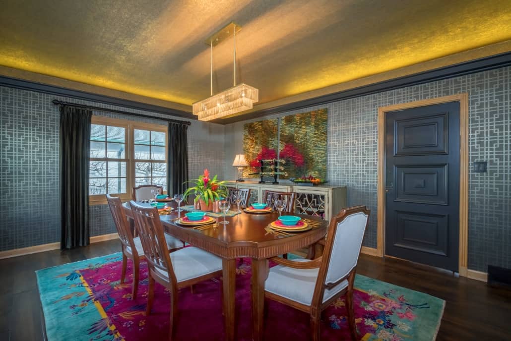 Rich dining room decor by one of the top interior design firms Milwaukee