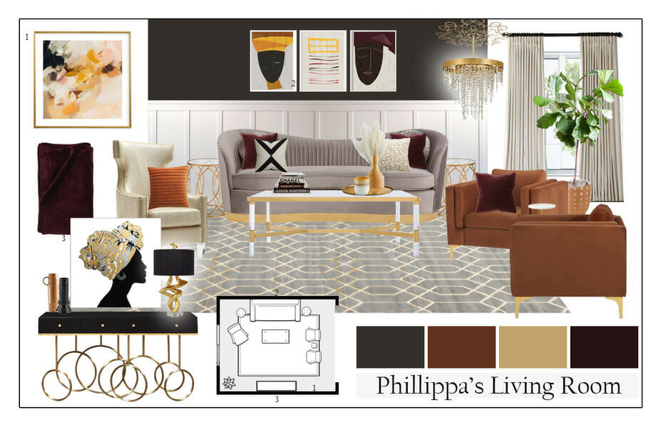 Glam style living room moodboard