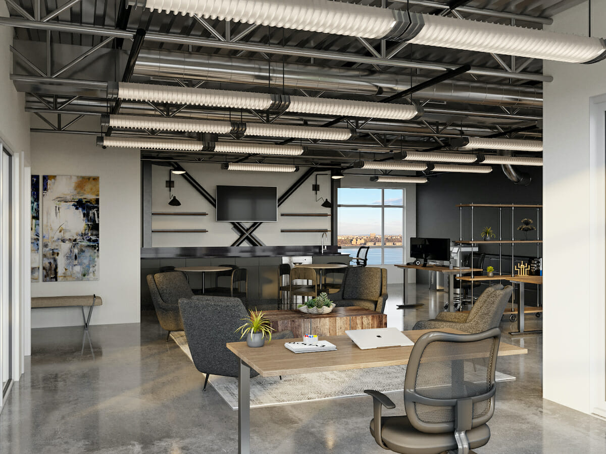 Industrial business interior by Decorilla office designer, Theresa G.