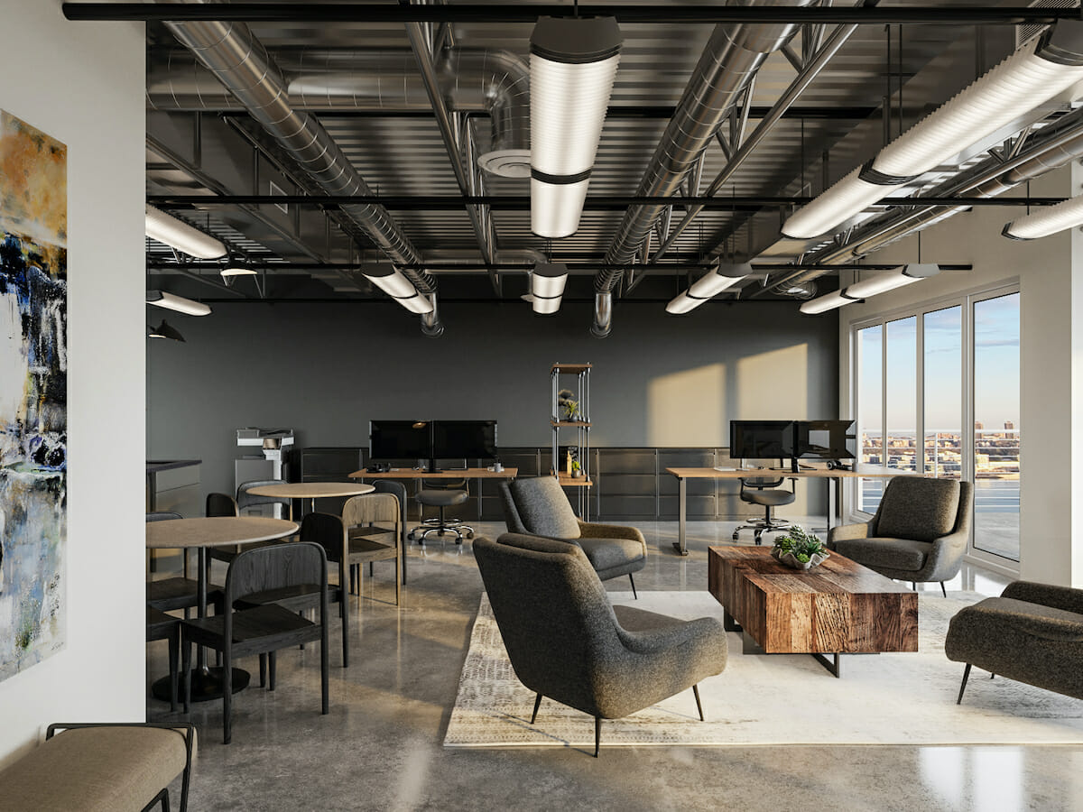 Industrial open concept office by Decorilla office designer, Theresa G.