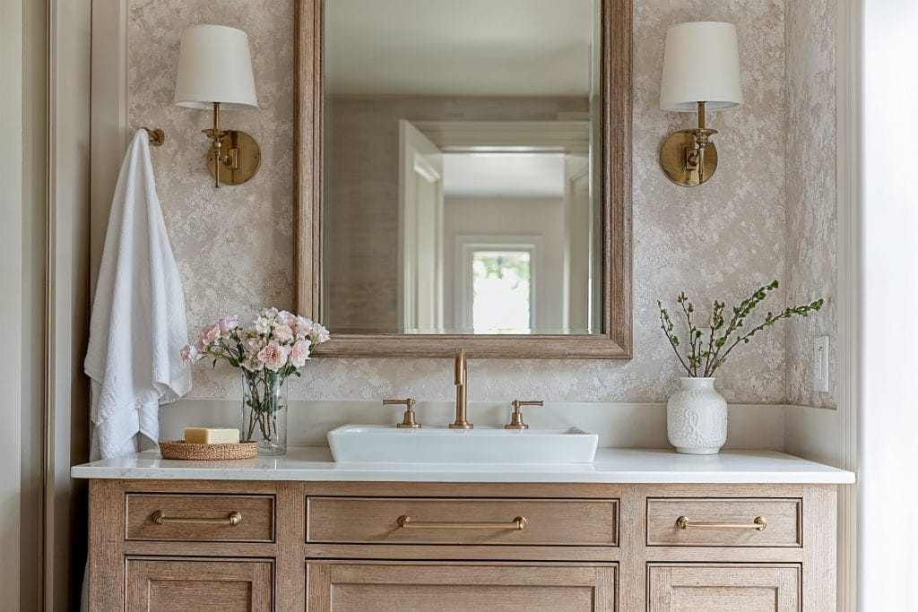 Marbled wallpaper ideas in a bathroom by Decorilla