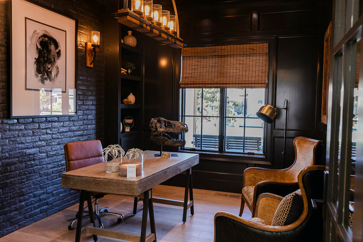 Richly textured and masculine home office by Decorilla designer Sharene M
