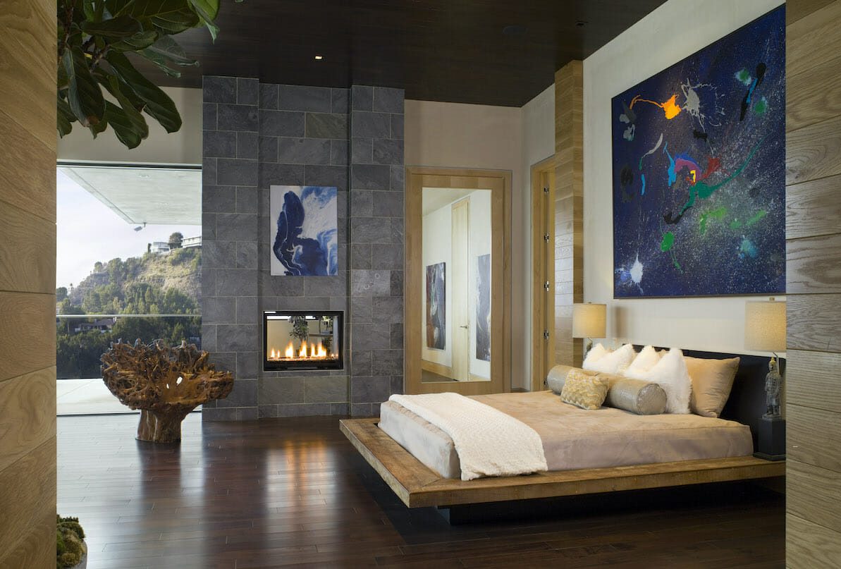 Masculine interior design for a bedroom by Decorilla designer, Lori D.