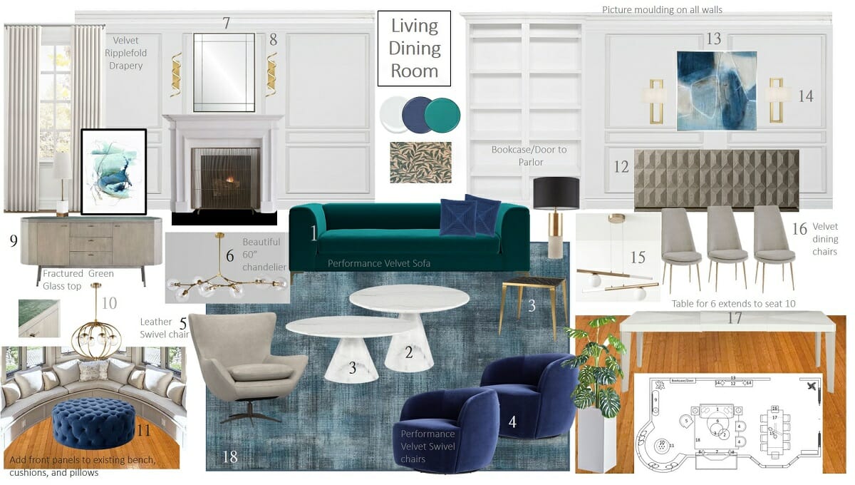 Modern classic interior design for a living room mood board