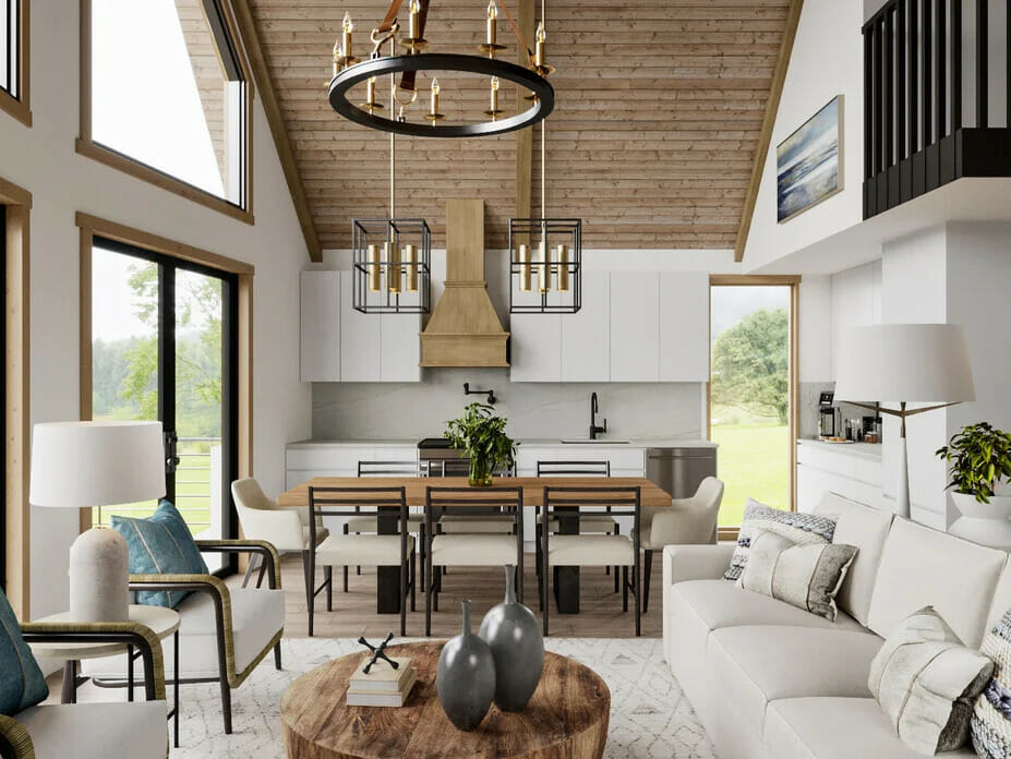 Modern rustic cabin open-plan interiors render by Decorilla