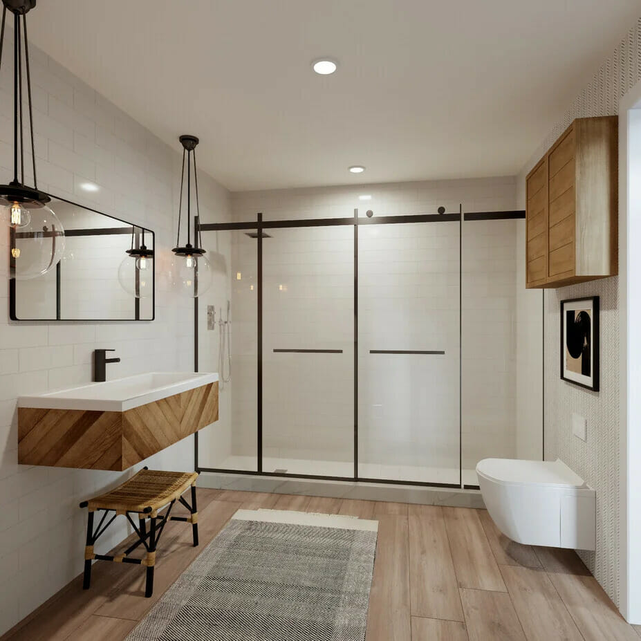 Rustic bathroom online interior design render by Decorilla
