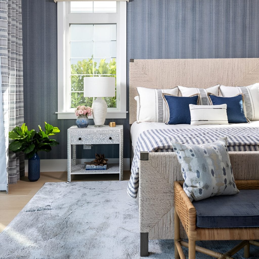 Wallpaper ideas in a coastal bedroom by Decorilla designer, Berkeley H.