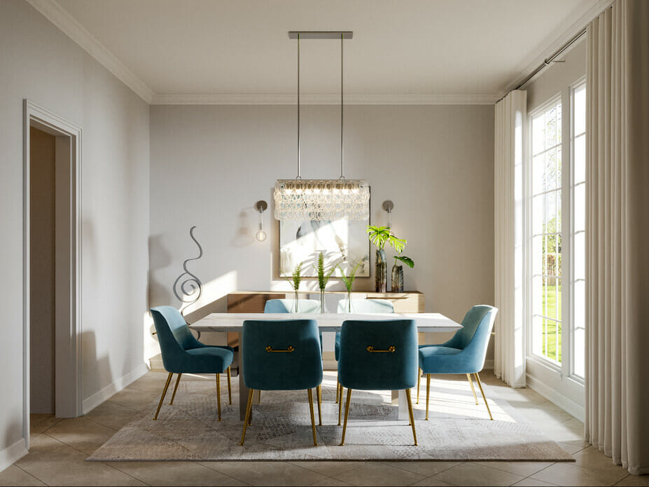 Glam modern dining room with contemporary luxe dining chairs