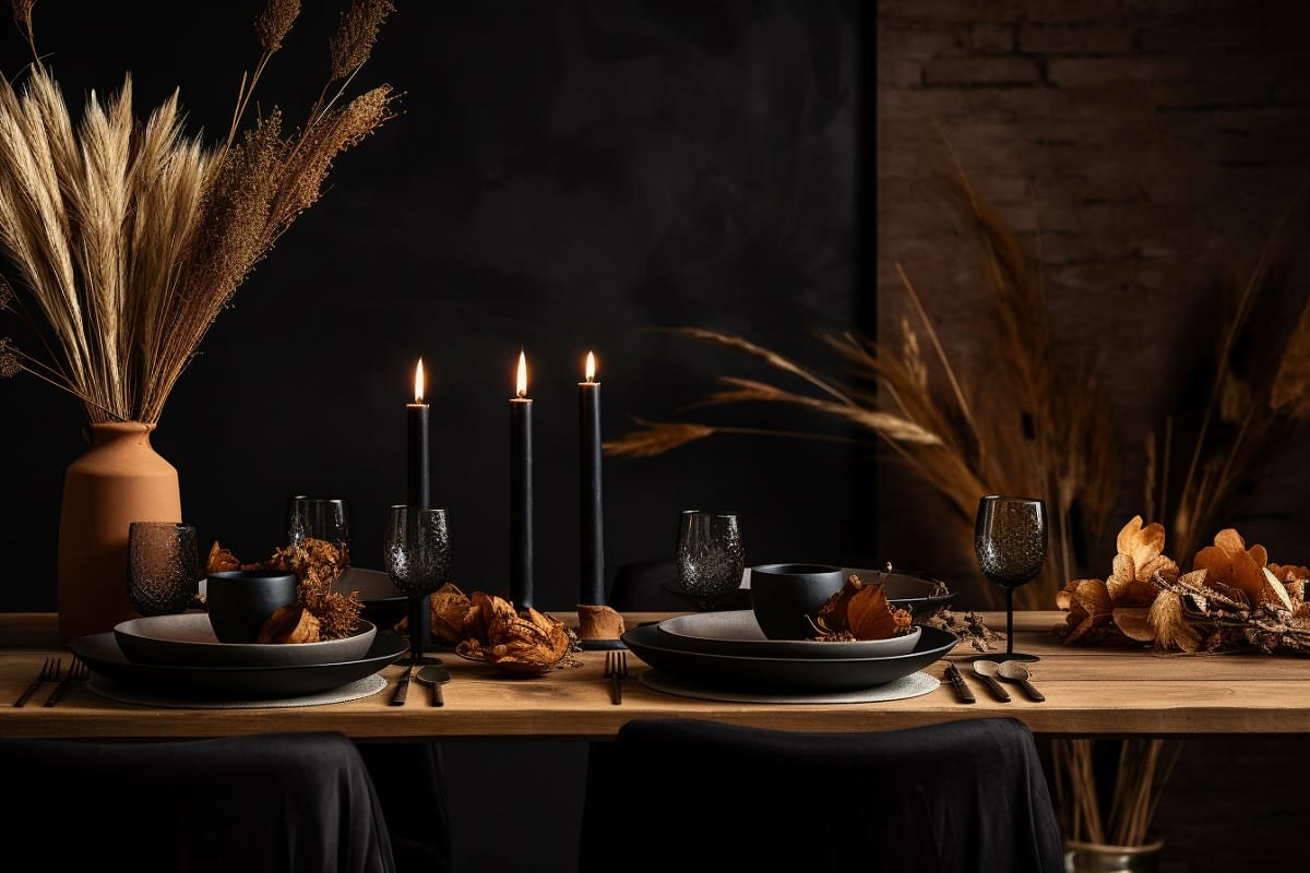 Black and organic thanksgiving table setting and home decor