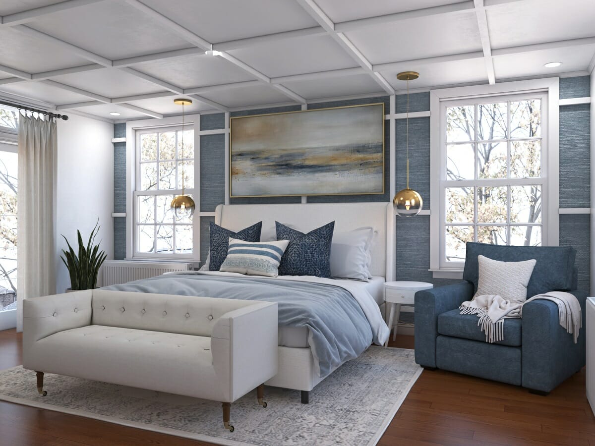 Coastal transitional bedroom by online interior decorator Shofy D