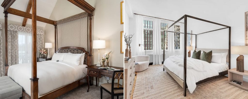 Different timeless canopy bed styles in bedrooms by Decorilla designers, Natasha S. and Leanna S.