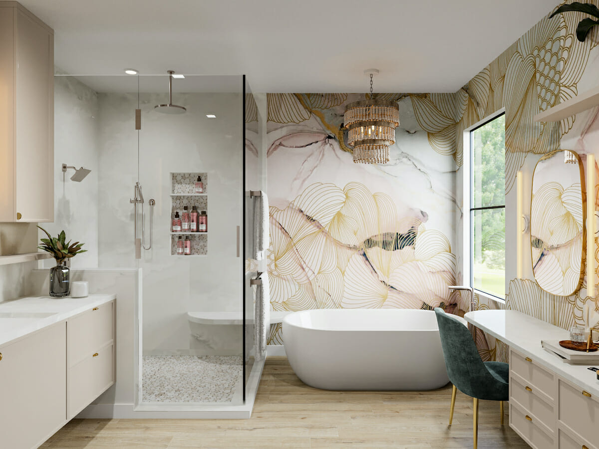 Glam bathroom by online bathroom design services decorilla