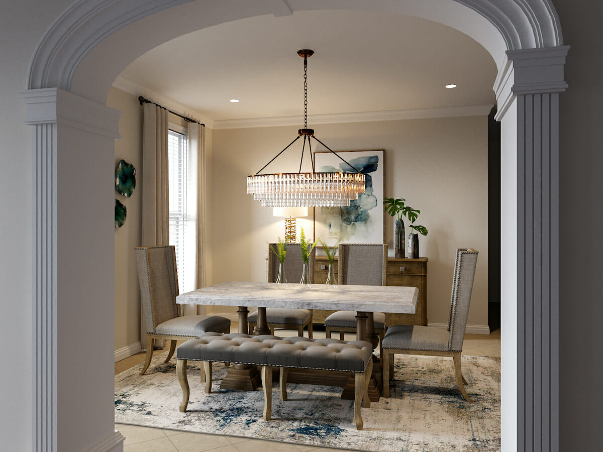 Statement chandelier in a transitional dining room by Decorilla designer, Berkeley H.