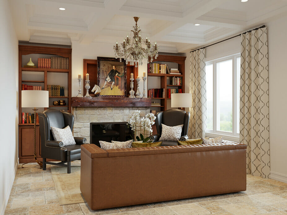 Traditional coffered ceiling living room