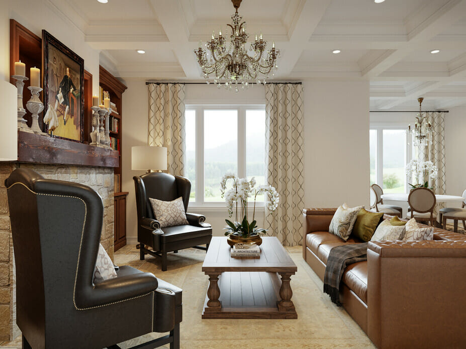 Traditional living room furniture in a space with a coffered ceiling