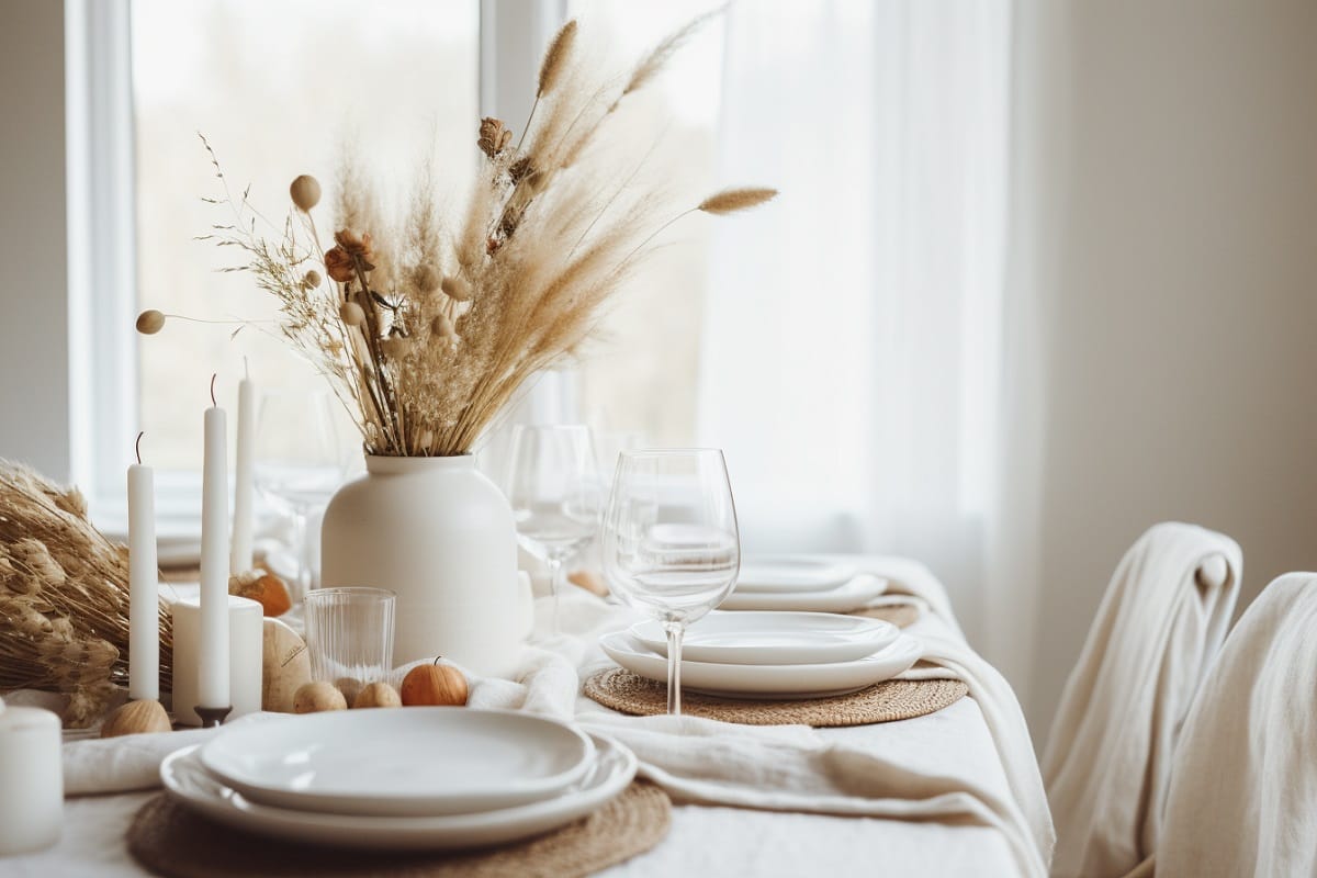 White thanksgiving table setting and décor and centerpiece