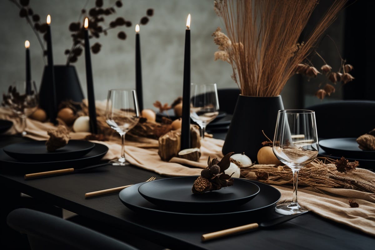 black and natural thanksgiving table décor and setting