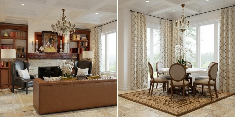 traditional coffered ceiling living room and dining nook