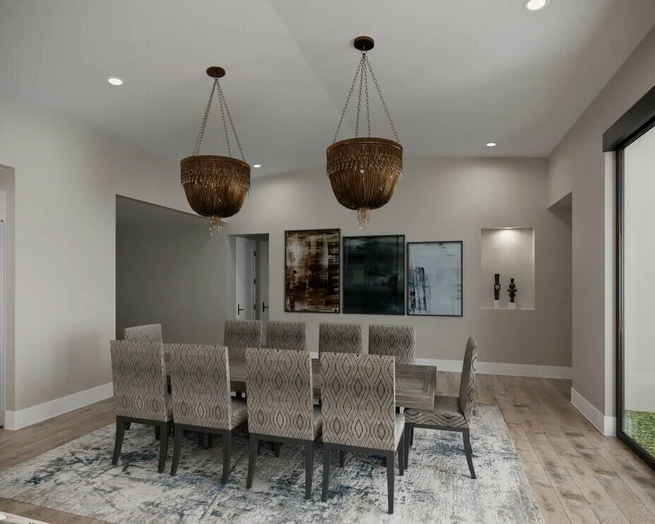 Global decorating style dining room render by Decorilla