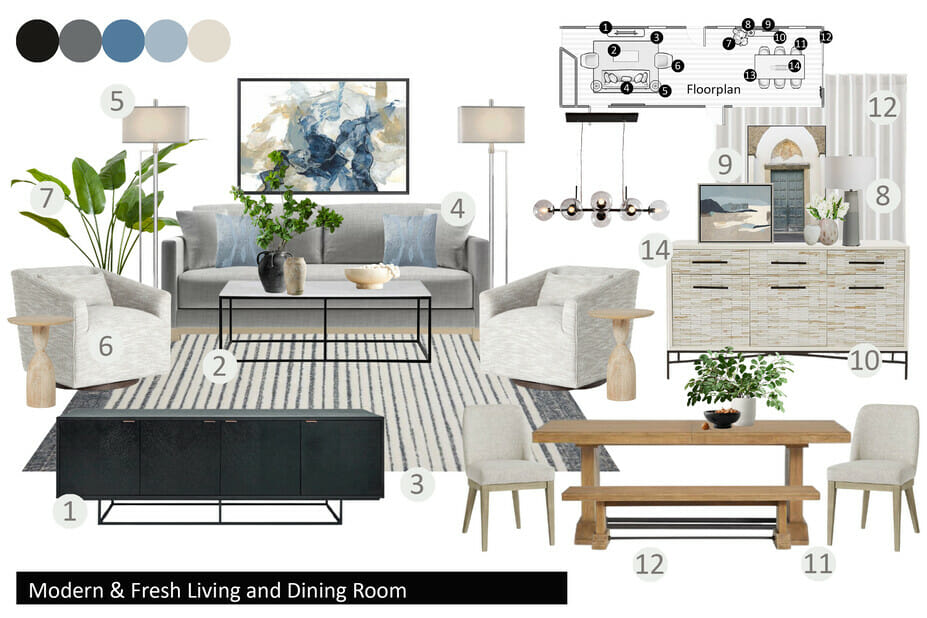 Mood board for a contemporary living room interior design