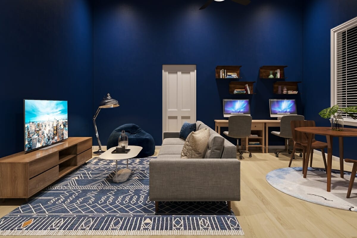 Multifunctional small living room design by Decorilla designer Gabriela S