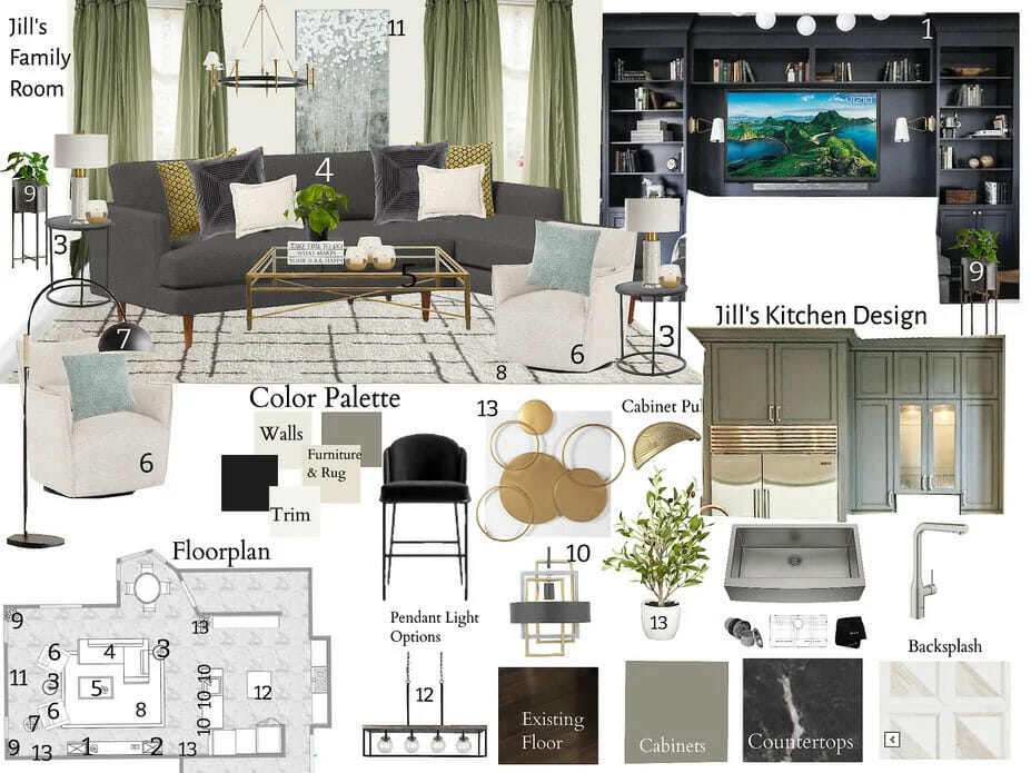 Open plan interior design mood board by Decorilla