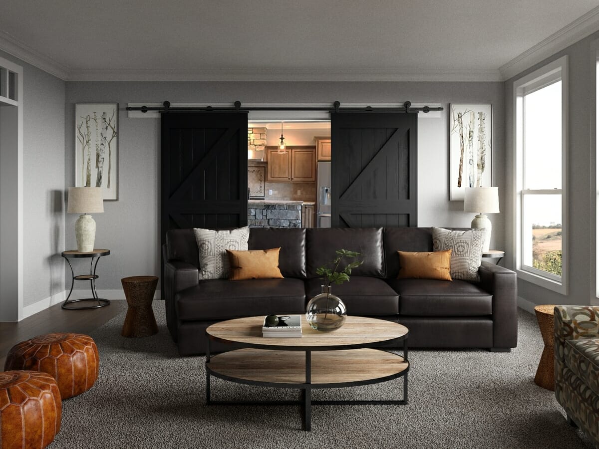 Small living room design with sliding barn door by Decorilla's designer Tijana Z