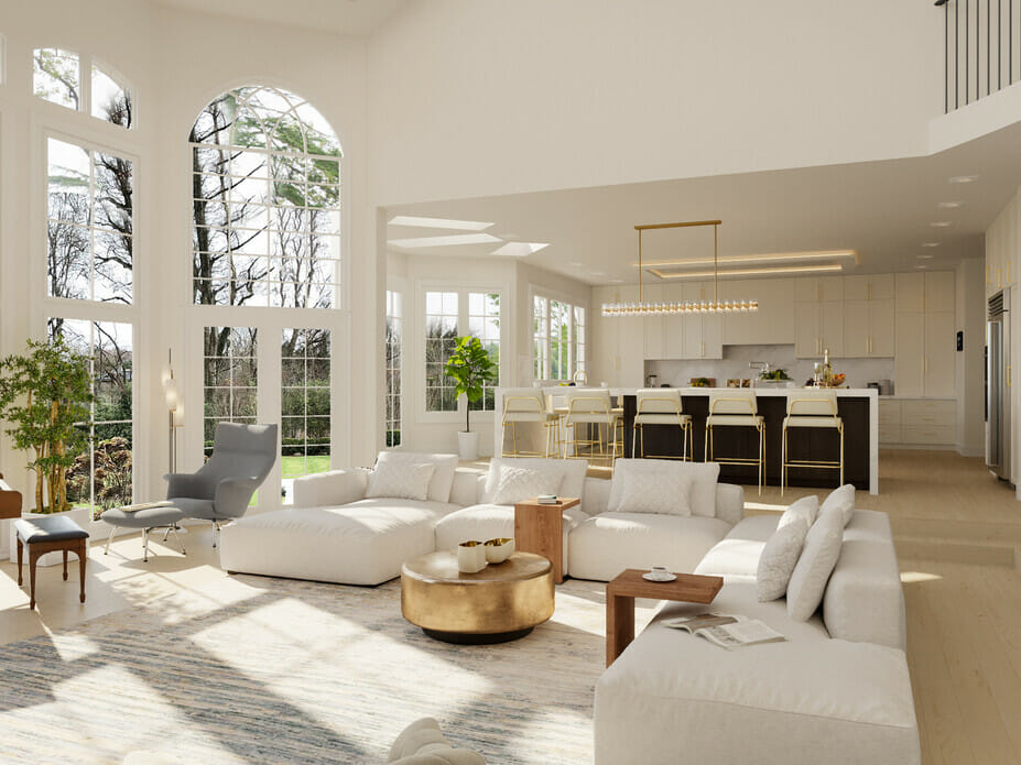 All white contemporary house interior with luxury gold accents