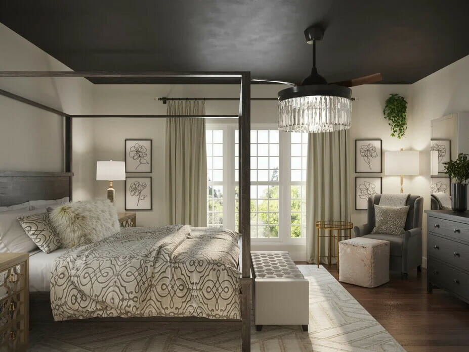 Black ceiling bedroom render by Decorilla