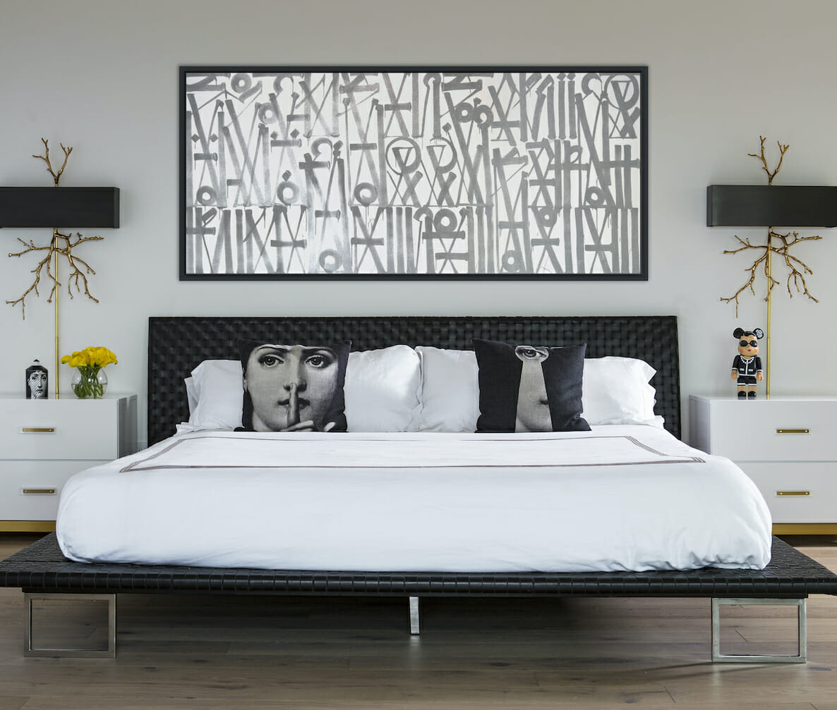 Black leather headboard design by Decorilla designer, Lori D.