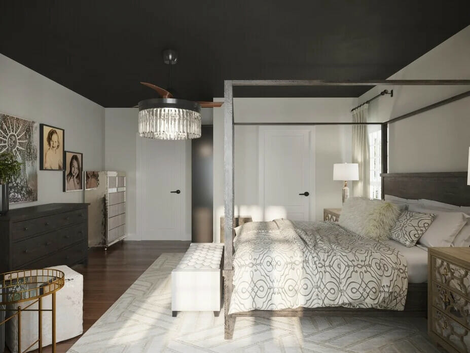 Glam master bedroom ideas render by Decorilla