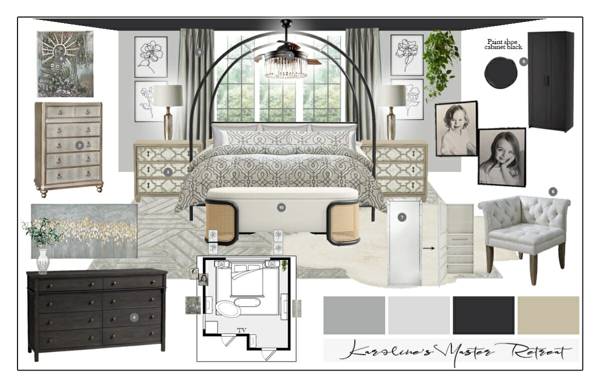 Glam master bedroom mood board by Decorilla