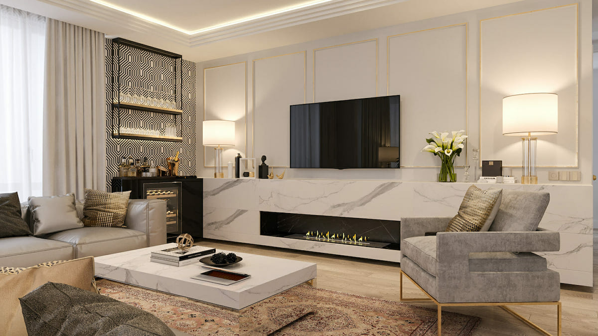 Living room with decor from high end online furniture sellers by Decorilla designer, Mladen C.