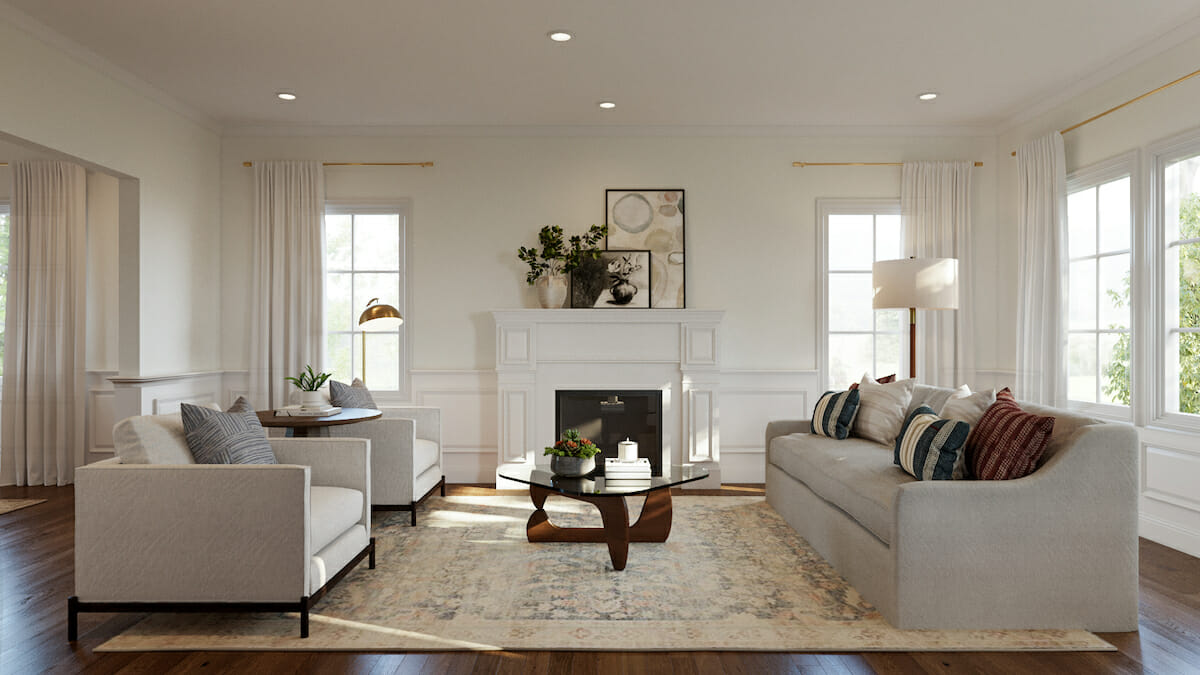 Monochrome small living room design by Decorilla designer Drew F.