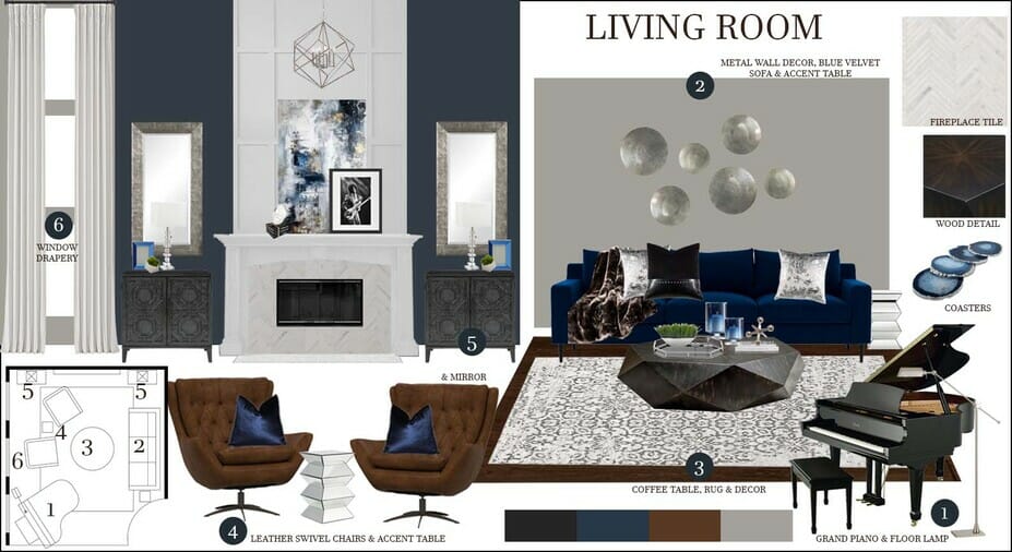 Mood board for a living room iwth a grand piano