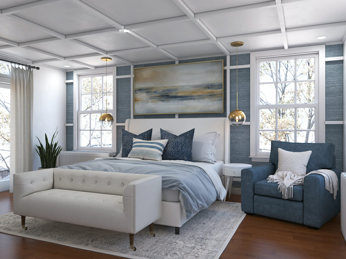 Online furniture for transitional bedroom by Decorilla designer, Shofy D.