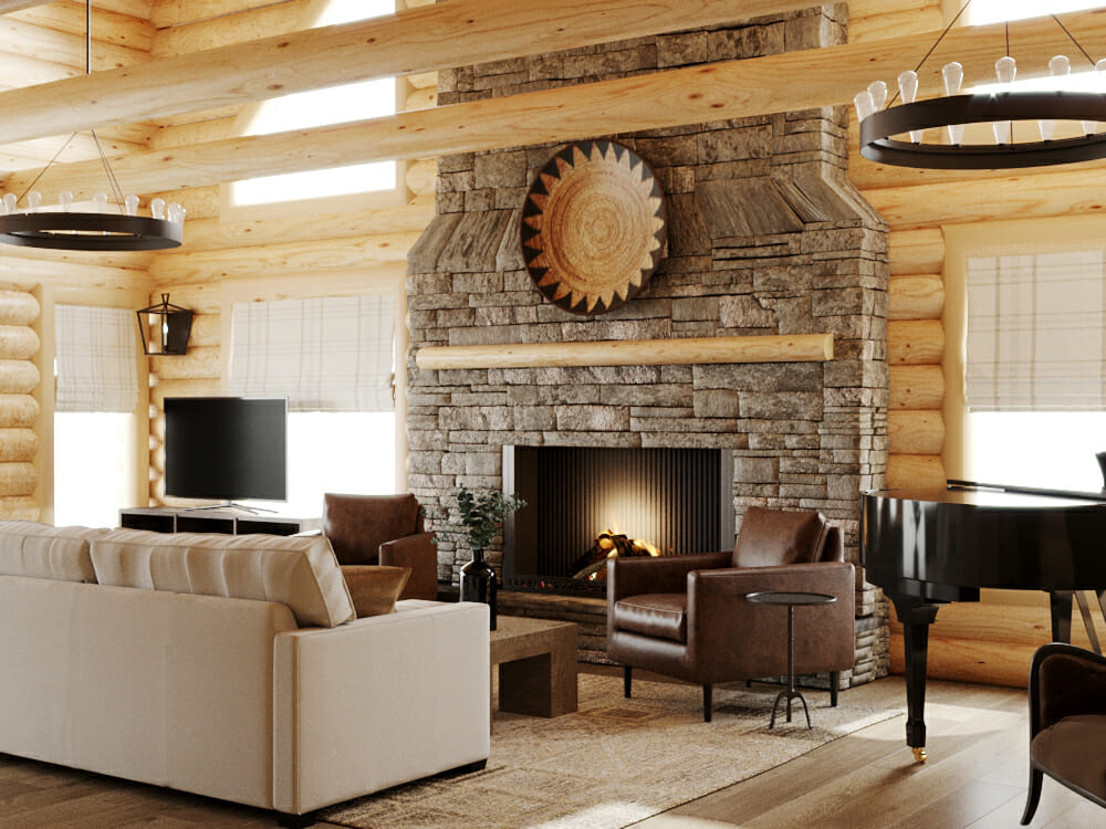 Contemporary log cabin living room interior design in Boise, by Decorilla